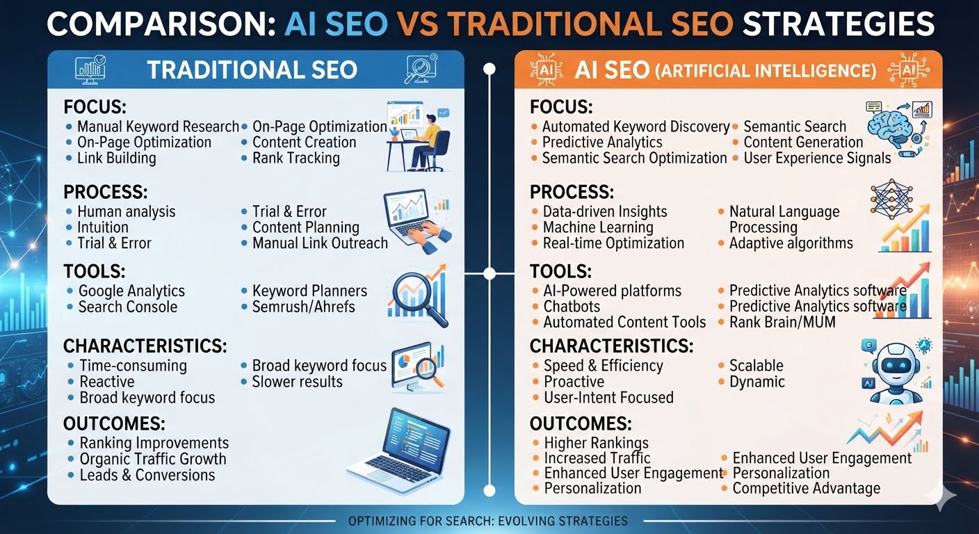 Comparison of AI SEO and traditional SEO strategies for websites